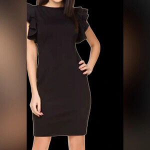 Frank Lyman Black Fluttered Ruffles Floral  sleeves cocktail Lycra dress Sz 8